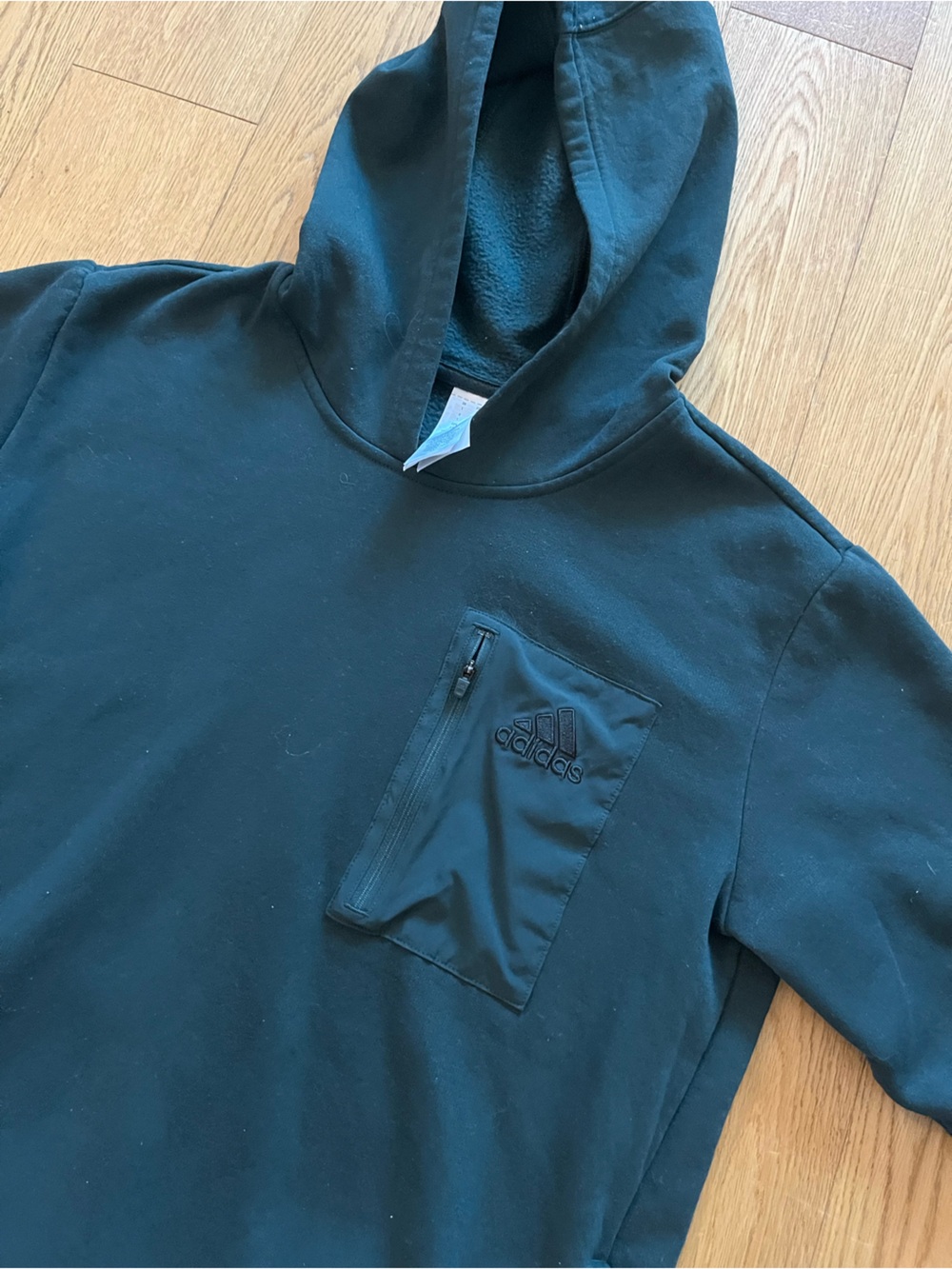 Adidas Pullover Hoodie Mens Large L Green Fleece Sweatshirt Zipper Chest Pocket